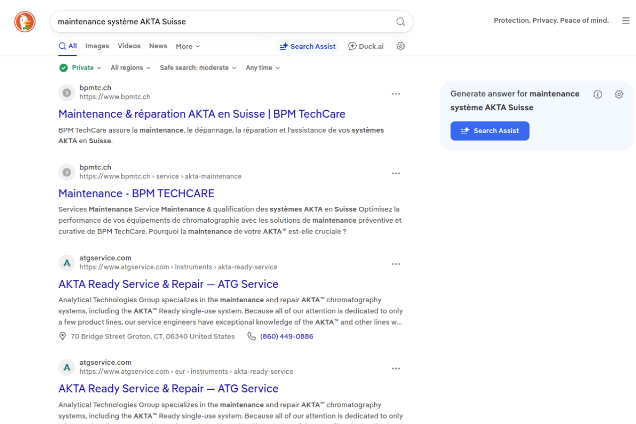 BPM TechCare — visibilité moteur de recherche BPM TechCare positionné dans les premiers résultats pour la recherche maintenance système AKTA Suisse